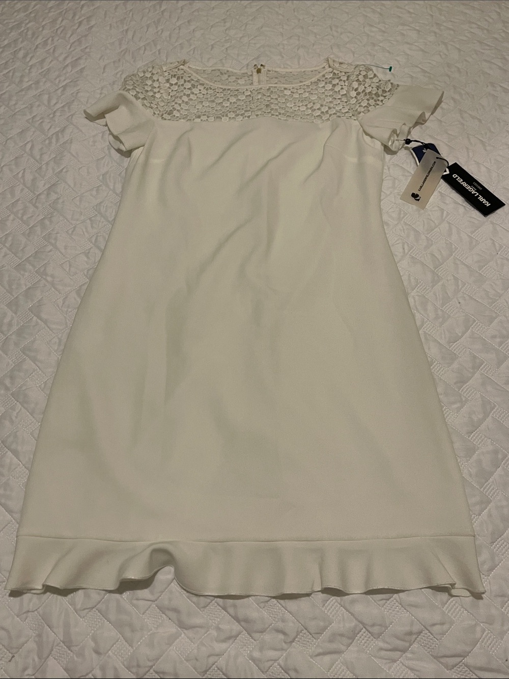 Karl Lagerfeld Ivory Lace Yoke Ruffle Hem Mini Dress